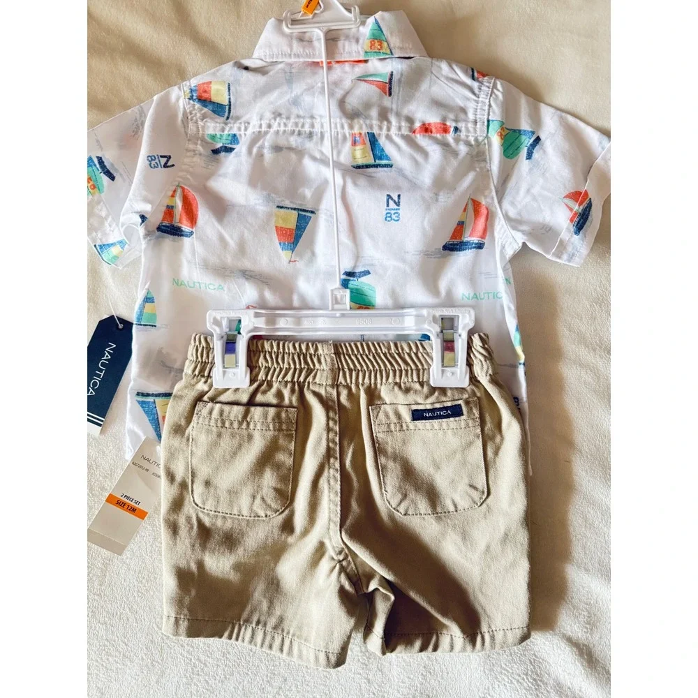 Nautica Baby Boy 12M 2 Piece Set Sailboat Shirt Chino Shorts Bow Tie 62G72012-99